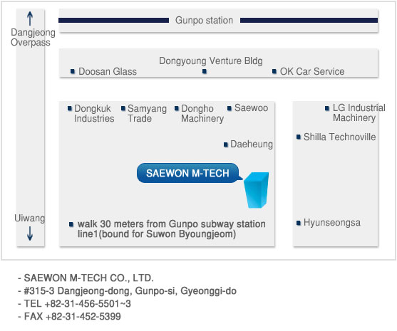 - SAEWON M-TECH CO., LTD.
- #315-3 Dangjeong-dong, Gunpo-si, Gyeonggi-do
- TEL +82-31-456-5501~3
- FAX +82-31-452-5399